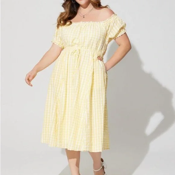 NWT Torrid Midi Seersucker Off the Shoulder Peasant Dress in Yellow and White - Picture 2 of 6